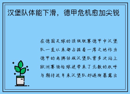 汉堡队体能下滑，德甲危机愈加尖锐