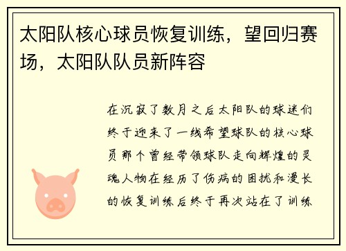 太阳队核心球员恢复训练，望回归赛场，太阳队队员新阵容