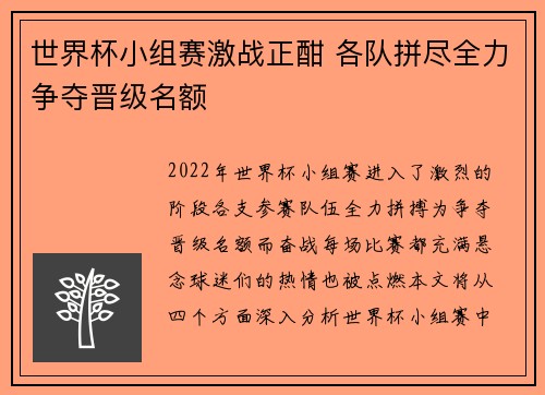 世界杯小组赛激战正酣 各队拼尽全力争夺晋级名额