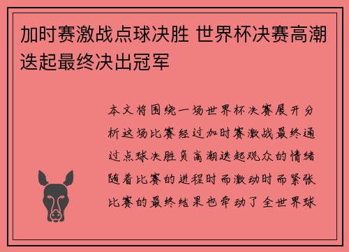 加时赛激战点球决胜 世界杯决赛高潮迭起最终决出冠军