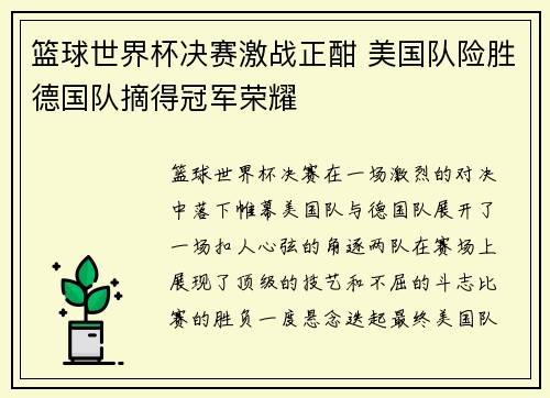 篮球世界杯决赛激战正酣 美国队险胜德国队摘得冠军荣耀
