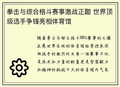 拳击与综合格斗赛事激战正酣 世界顶级选手争锋亮相体育馆