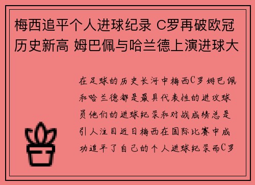 梅西追平个人进球纪录 C罗再破欧冠历史新高 姆巴佩与哈兰德上演进球大战