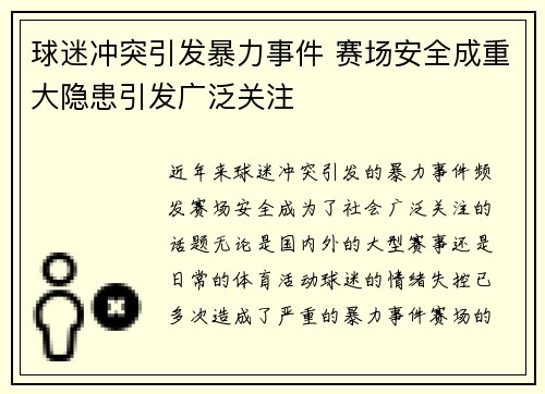 球迷冲突引发暴力事件 赛场安全成重大隐患引发广泛关注